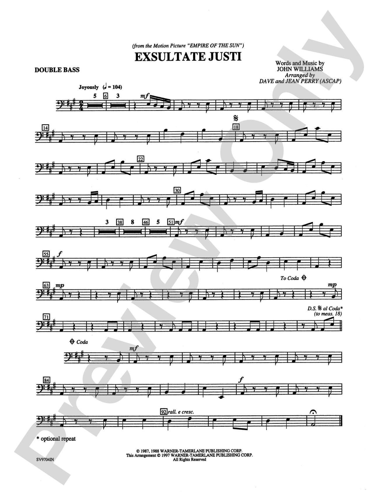 Exsultate Justi: String Bass: Choral Instrumental Parts