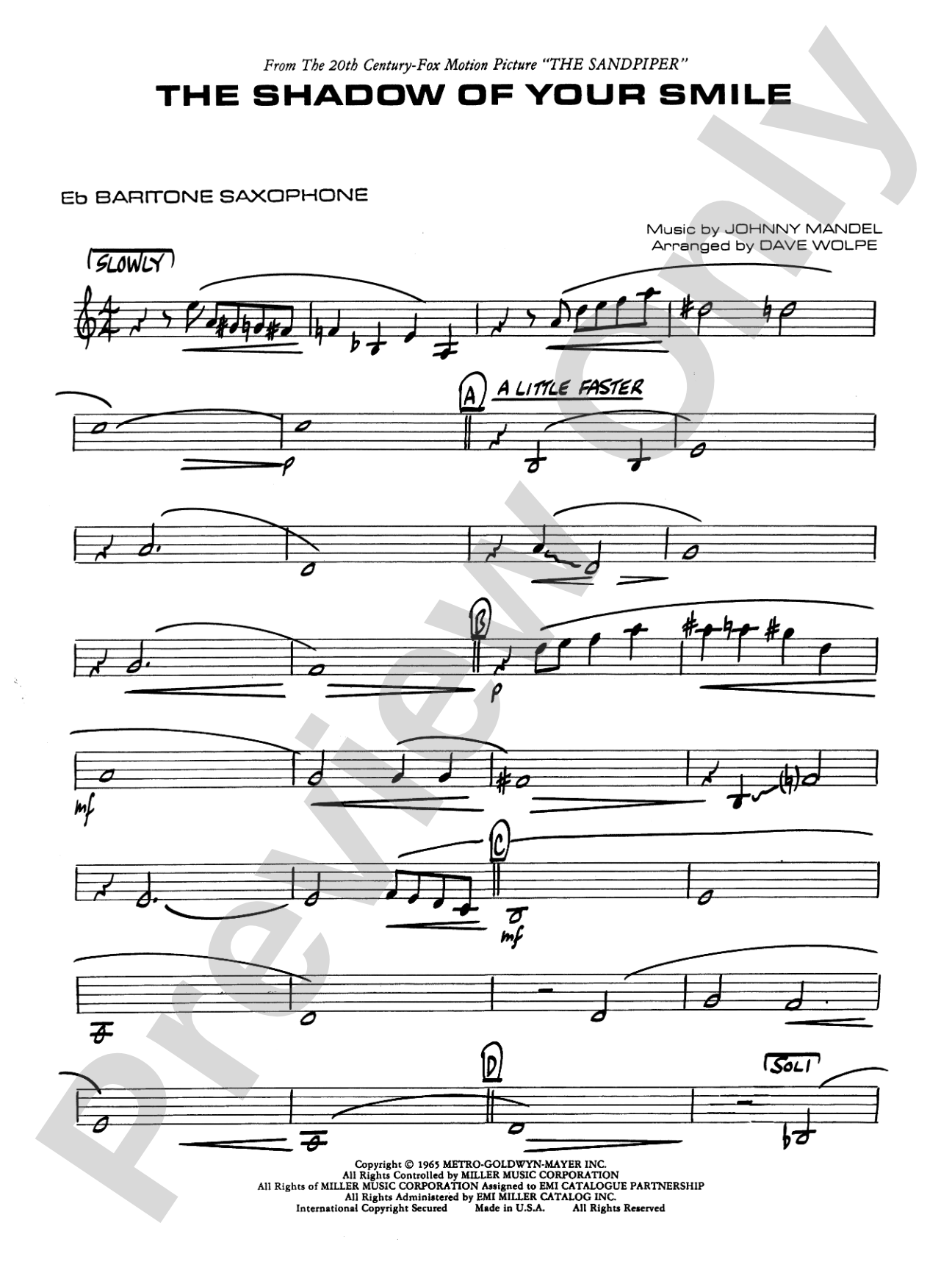 The Shadow of Your Smile (from The Sandpiper): E-flat Baritone Saxophone