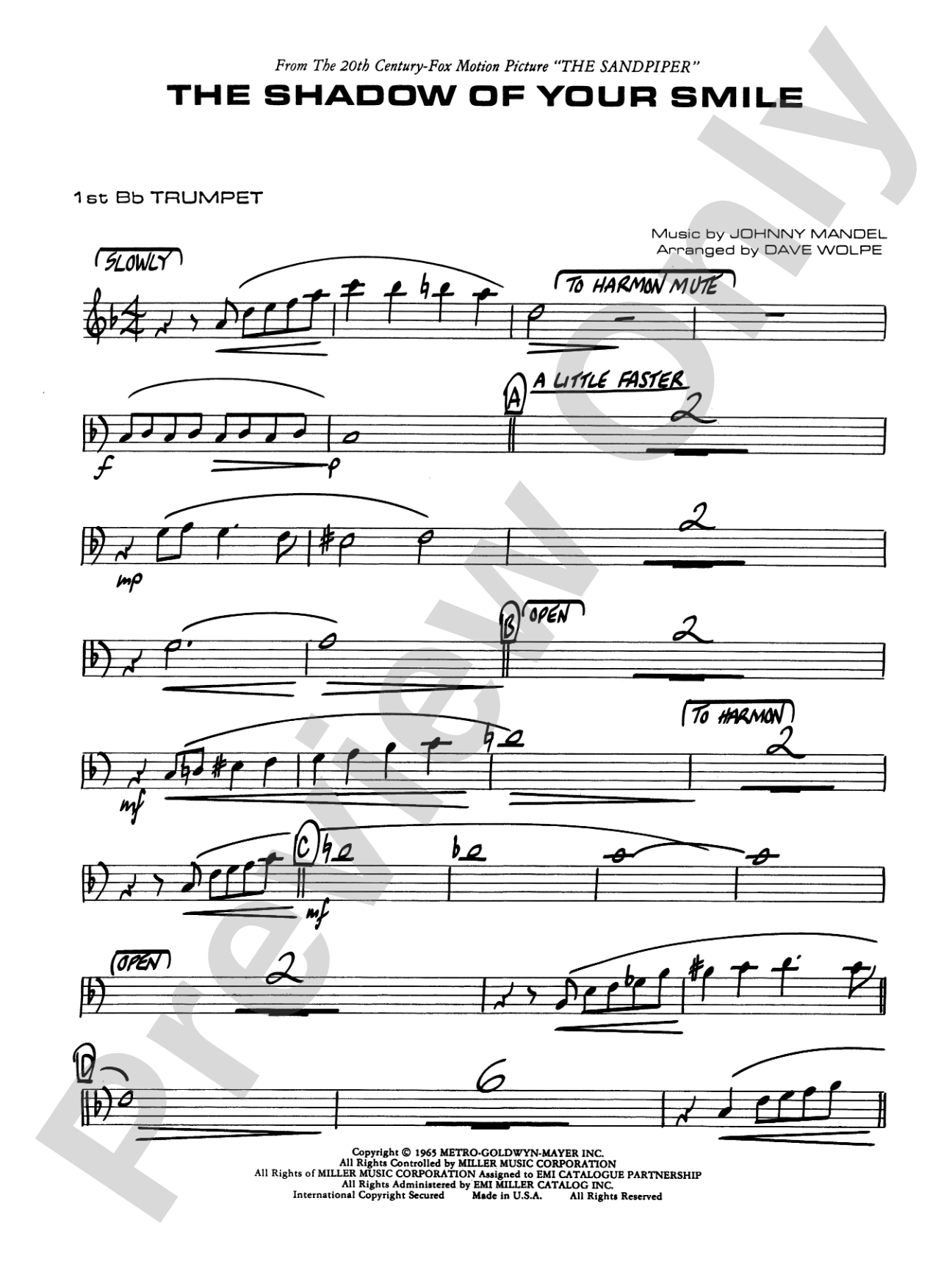 The Shadow of Your Smile (from The Sandpiper): 1st B-flat Trumpet