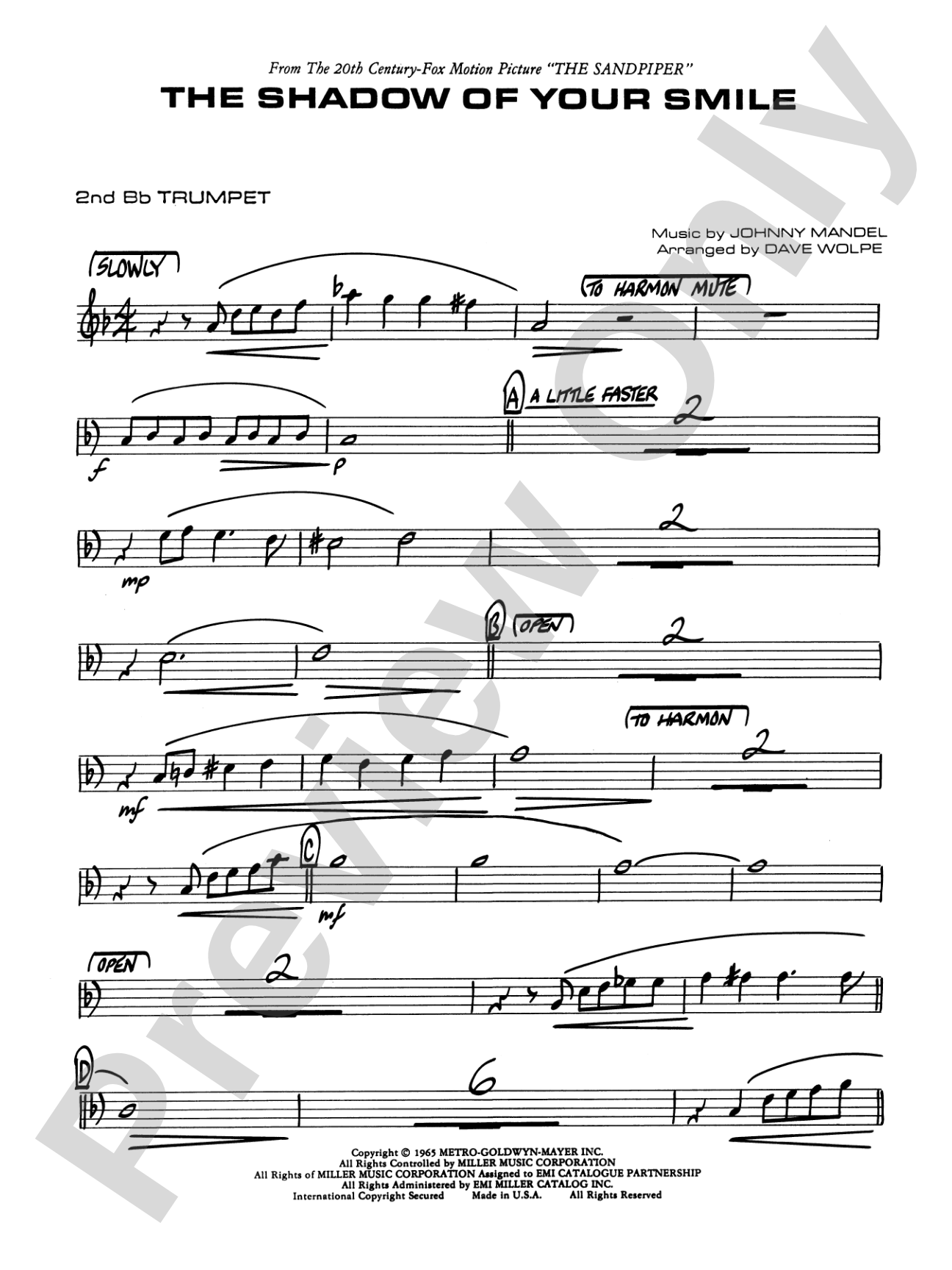 The Shadow of Your Smile (from The Sandpiper): 2nd B-flat Trumpet