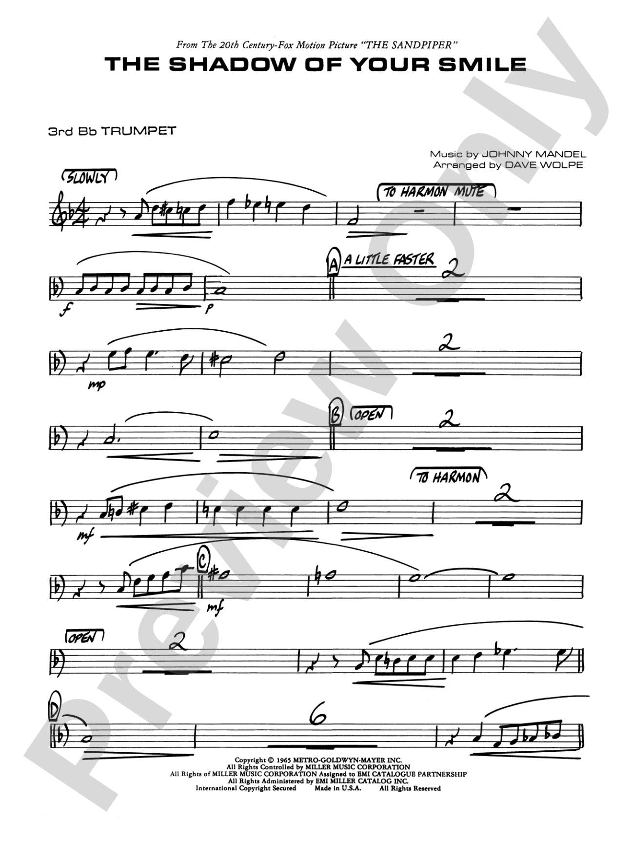 The Shadow of Your Smile (from The Sandpiper): 3rd B-flat Trumpet