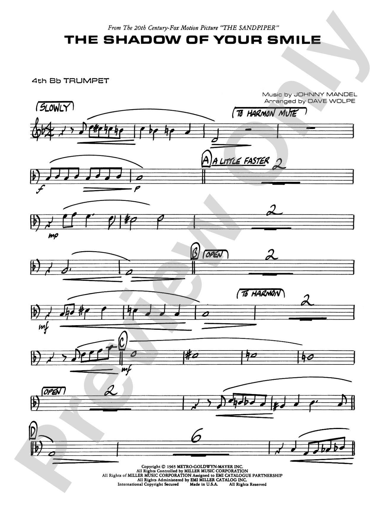 The Shadow of Your Smile (from The Sandpiper): 4th B-flat Trumpet