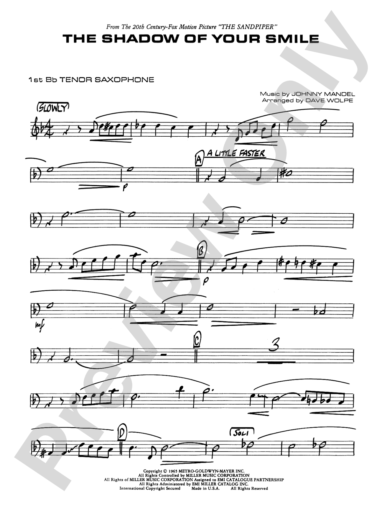 The Shadow of Your Smile (from The Sandpiper): B-flat Tenor Saxophone