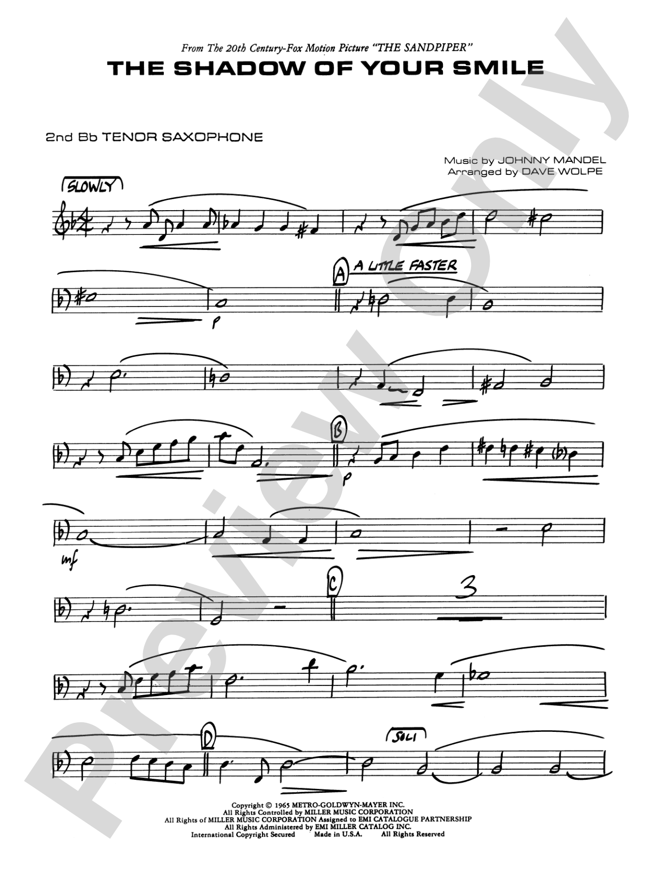 The Shadow of Your Smile (from The Sandpiper): 2nd B-flat Tenor Saxophone