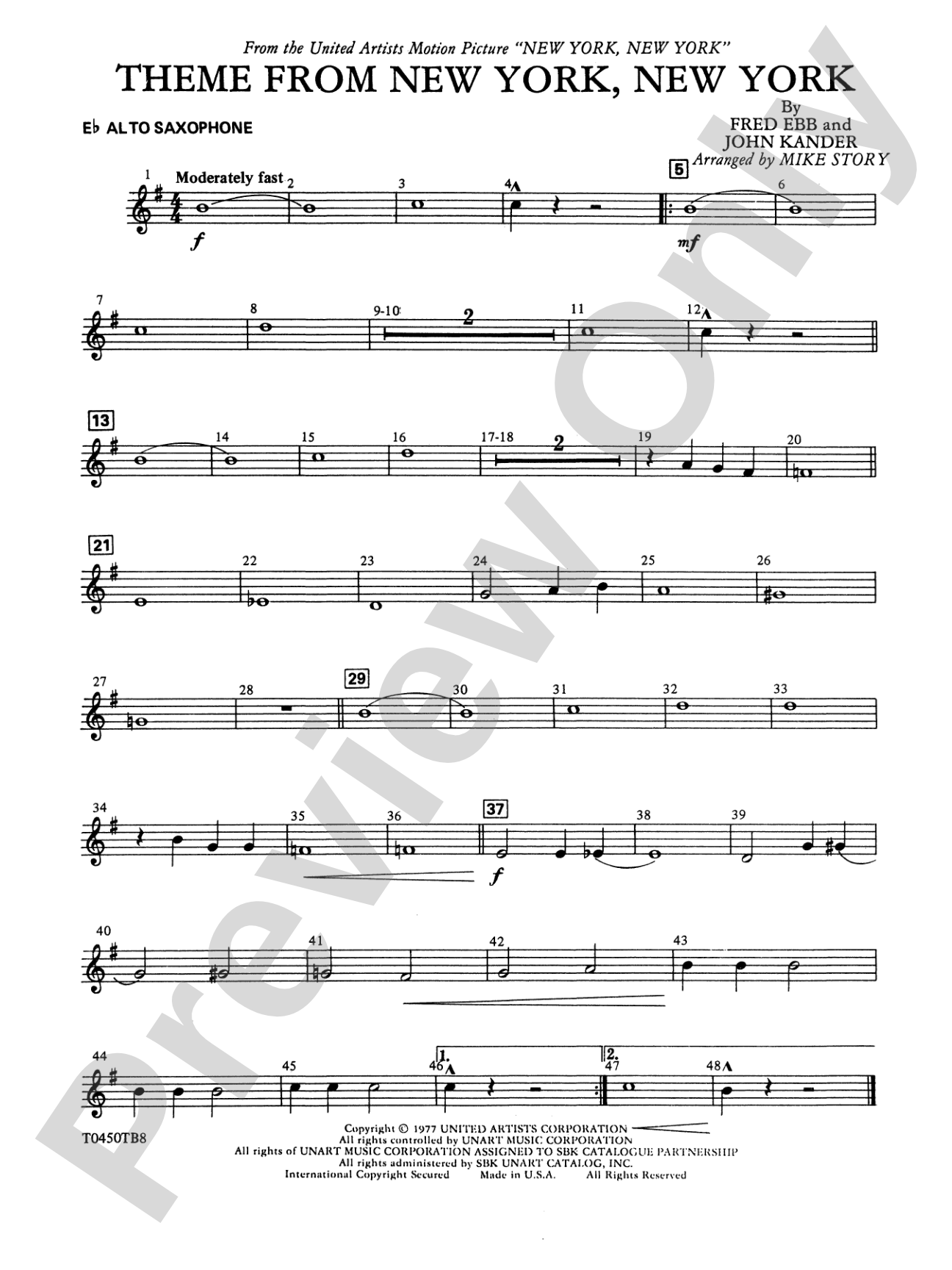 New York, New York, Theme from: E-flat Alto Saxophone