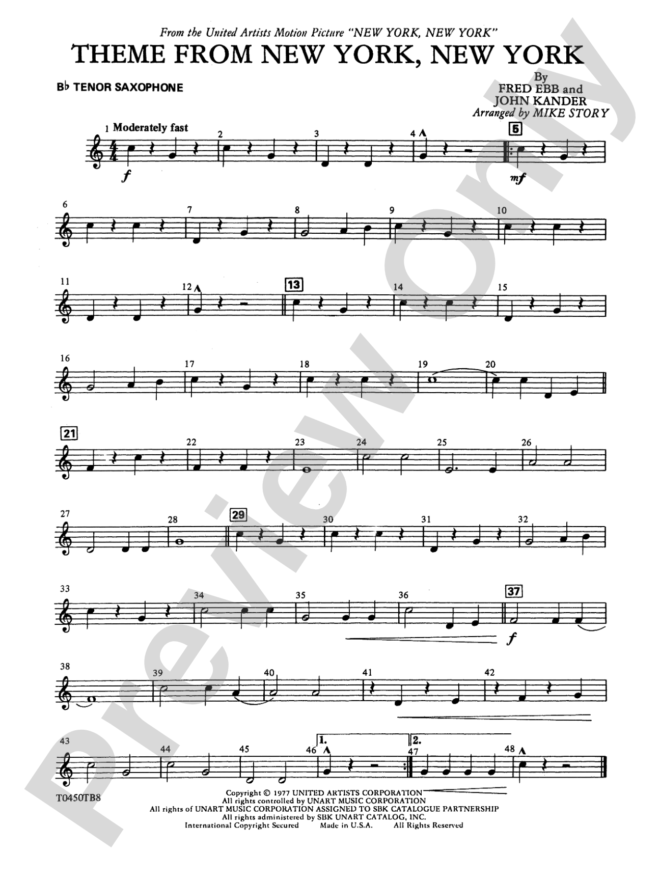 New York, New York, Theme from: B-flat Tenor Saxophone