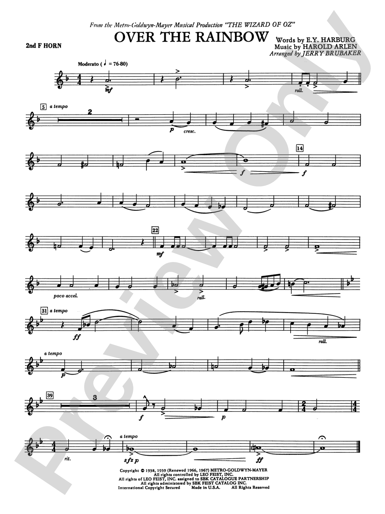 Over the Rainbow: 2nd F Horn