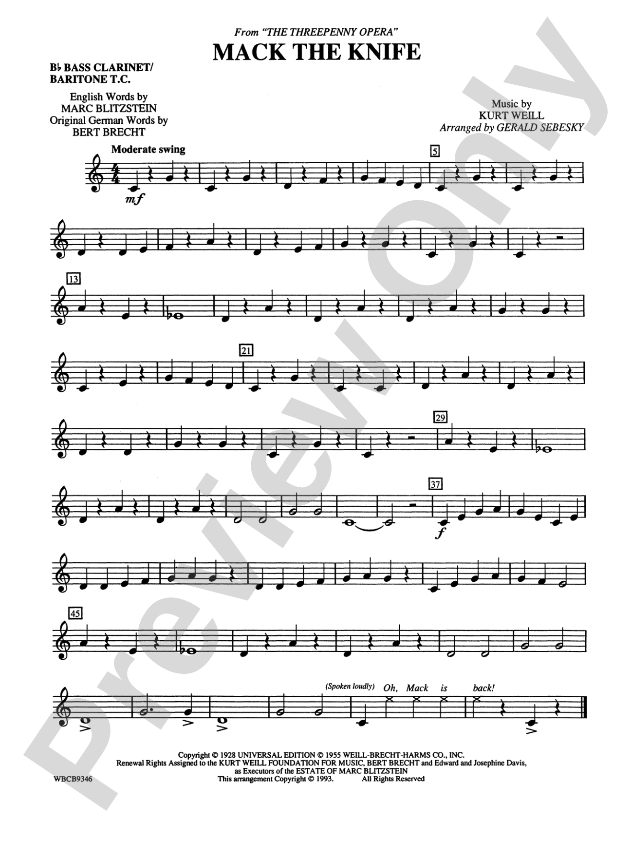 Mack the Knife (from The Threepenny Opera): B-flat Bass Clarinet