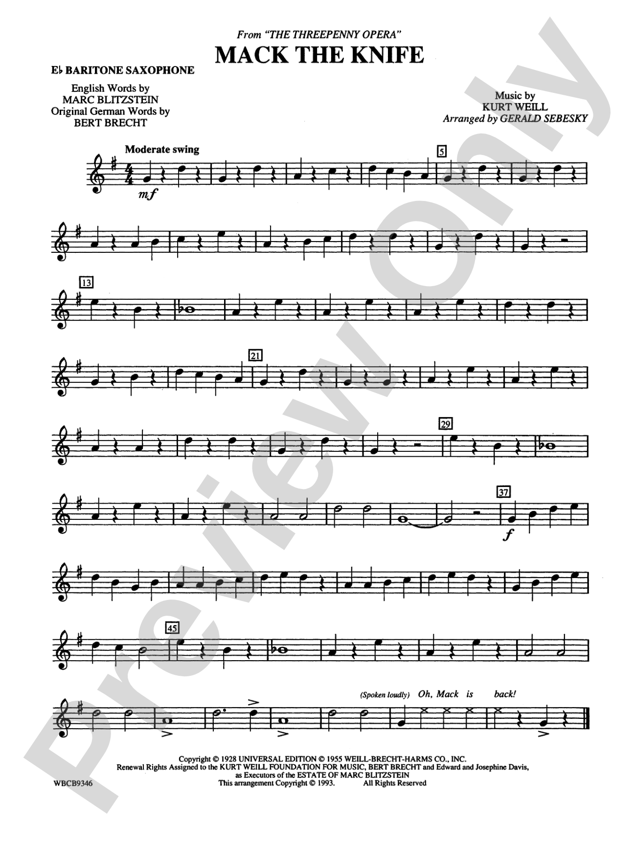 Mack the Knife (from The Threepenny Opera): E-flat Baritone Saxophone