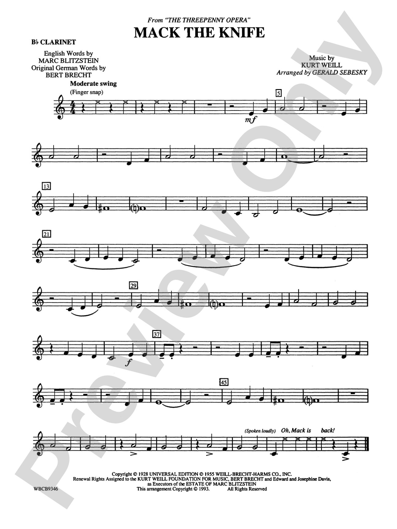 Mack the Knife (from The Threepenny Opera): 1st B-flat Clarinet
