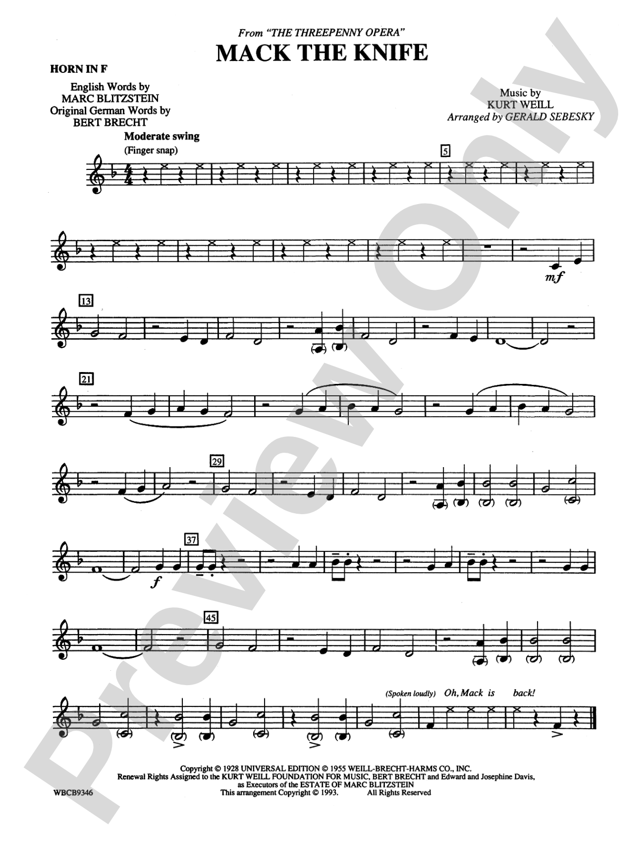 Mack the Knife (from The Threepenny Opera): 1st F Horn