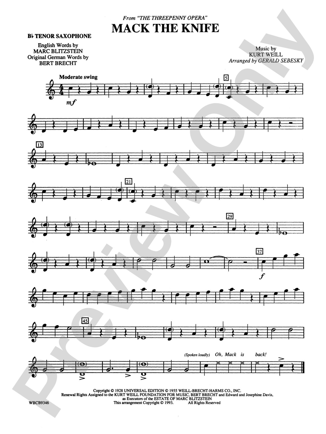 Mack the Knife (from The Threepenny Opera): B-flat Tenor Saxophone