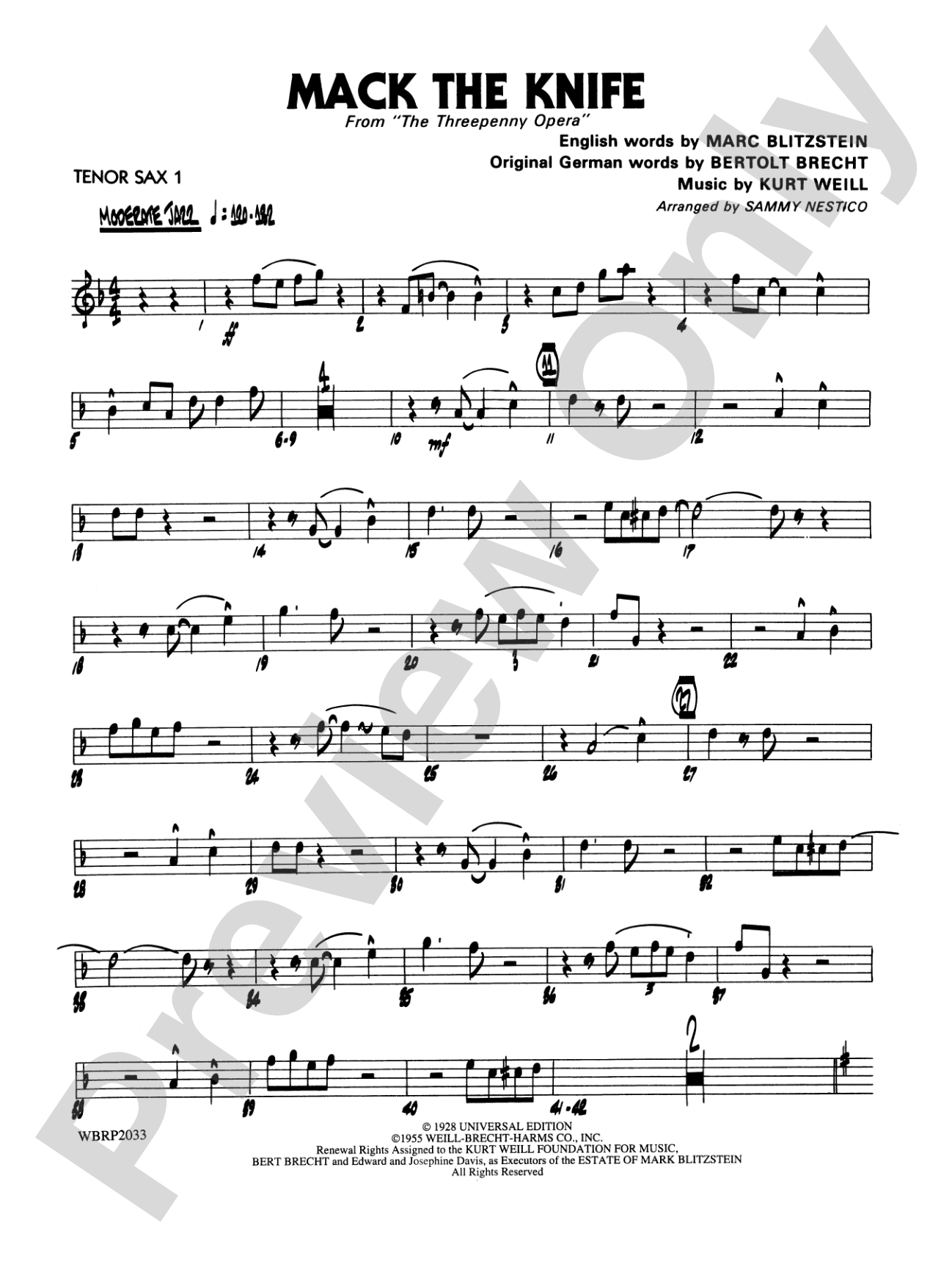 Mack the Knife (from The Threepenny Opera): B-flat Tenor Saxophone