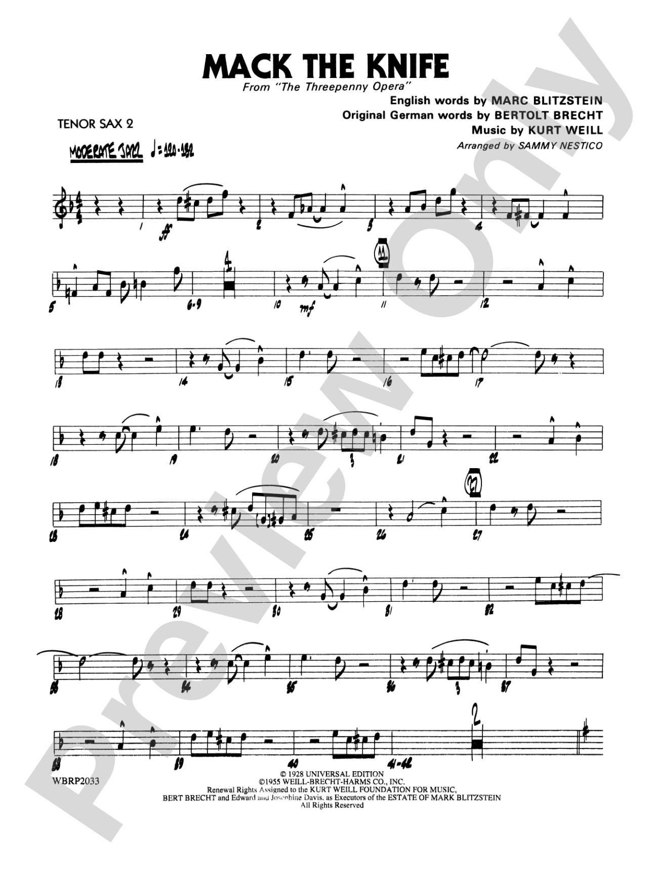 Mack the Knife (from The Threepenny Opera): 2nd B-flat Tenor Saxophone