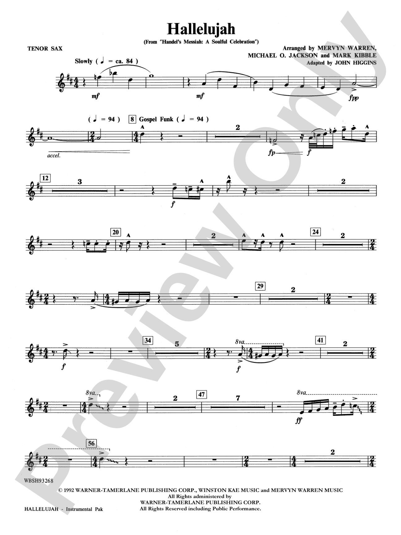 Hallelujah from Handel's Messiah: A Soulful Celebration: B-flat Tenor Saxophone: Choral Instrumental Parts