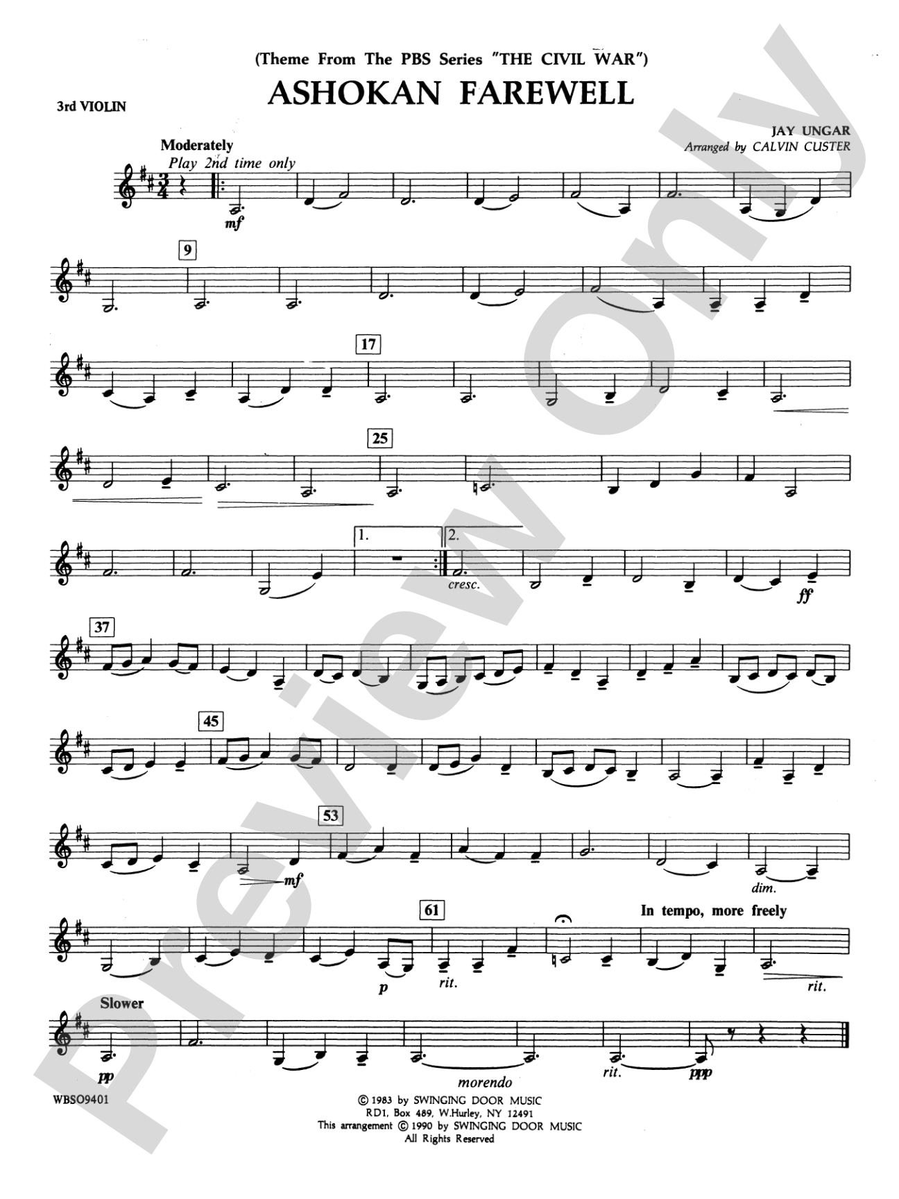 Ashokan Farewell (from "The Civil War"): 3rd Violin (Viola [TC])