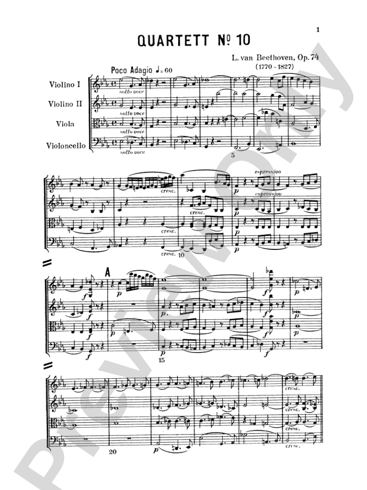 Beethoven: String Quartet in E flat Major, Op. 74: String Quartet Miniature Score