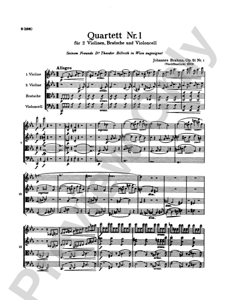 Brahms: Three String Quartets: String Quartet Miniature Score