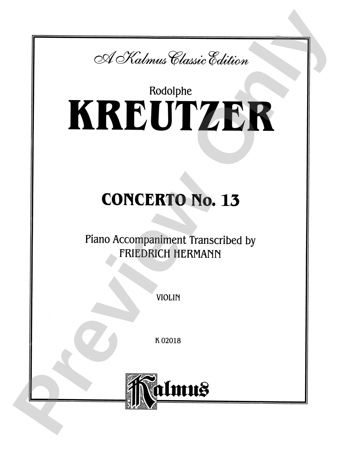 Kreutzer: Concerto No. 13 (Piano acc. Transcr. Friedrich Hermann): Violin Book