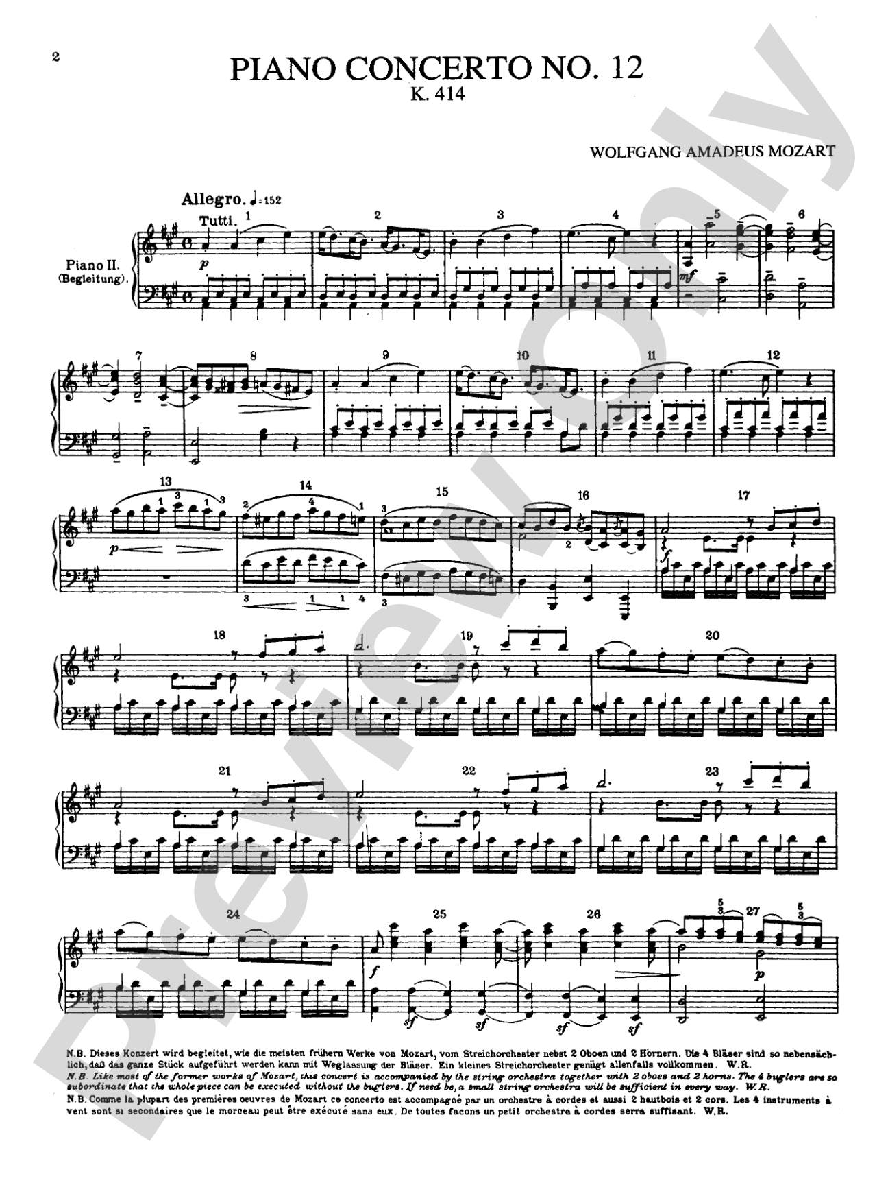 Mozart: Piano Concerto No. 12 in A Major, K. 414: Piano Duo (2 Pianos, 4 Hands) Book (2 copies required)