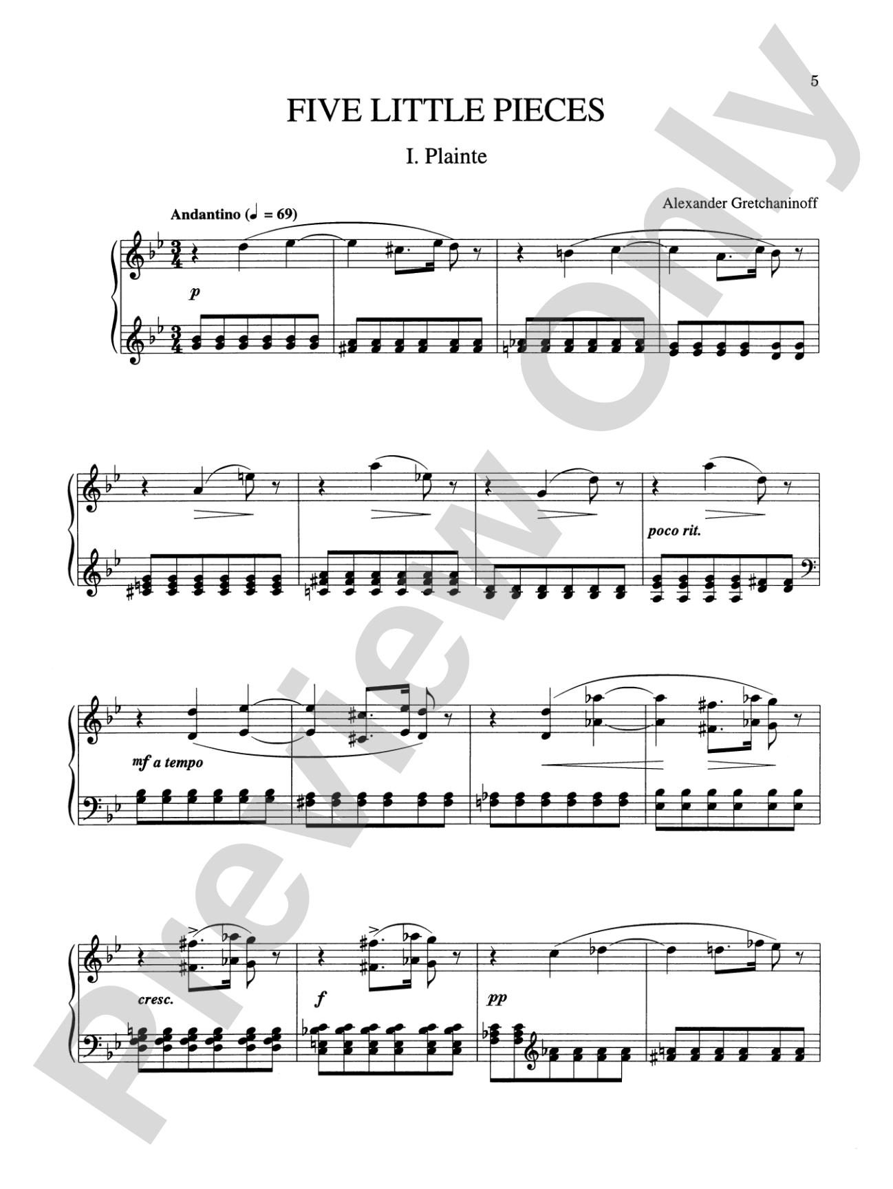 Gretchaninoff: Five Little Pieces, Op. 3: Piano Book