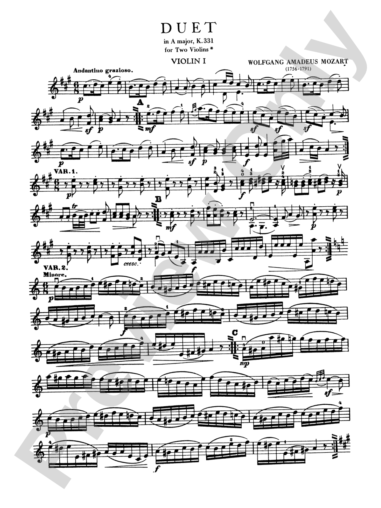 Mozart: Duet (after the Piano Sonata in A Major, K. 331): Violin Book