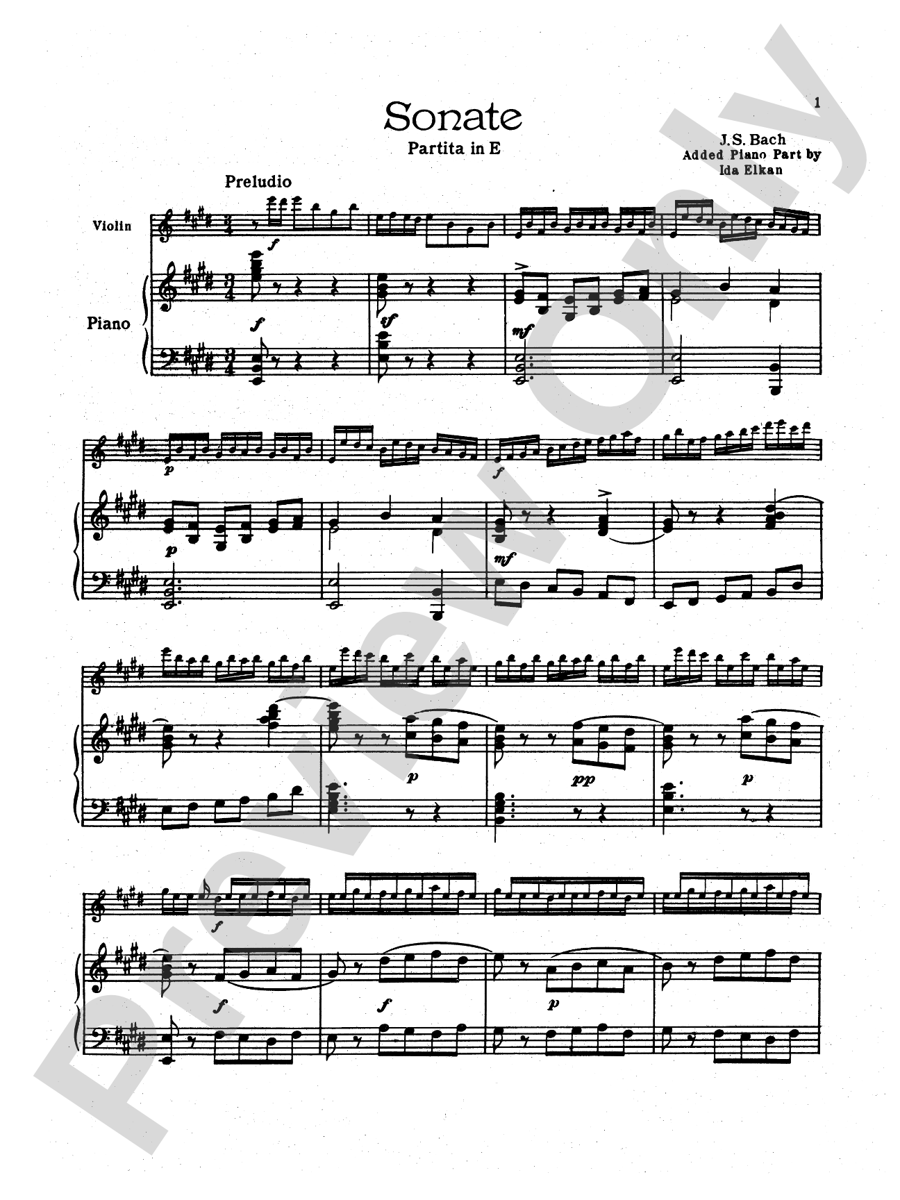 Bach: Partita III, in E Major (with added Piano parts by Ida Elkan)