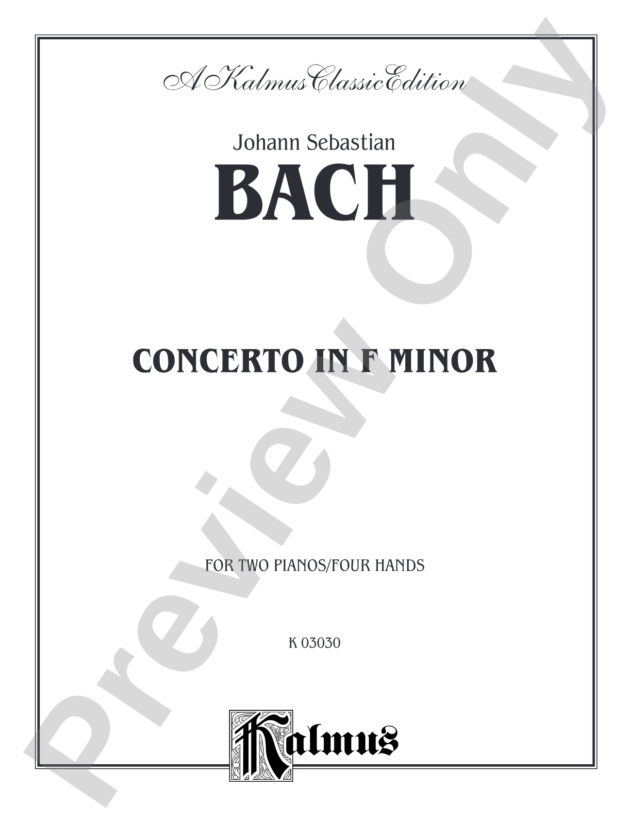 Bach: Piano Concerto in F Minor: Piano Duo (2 Pianos, 4 Hands) Book (2 copies required)