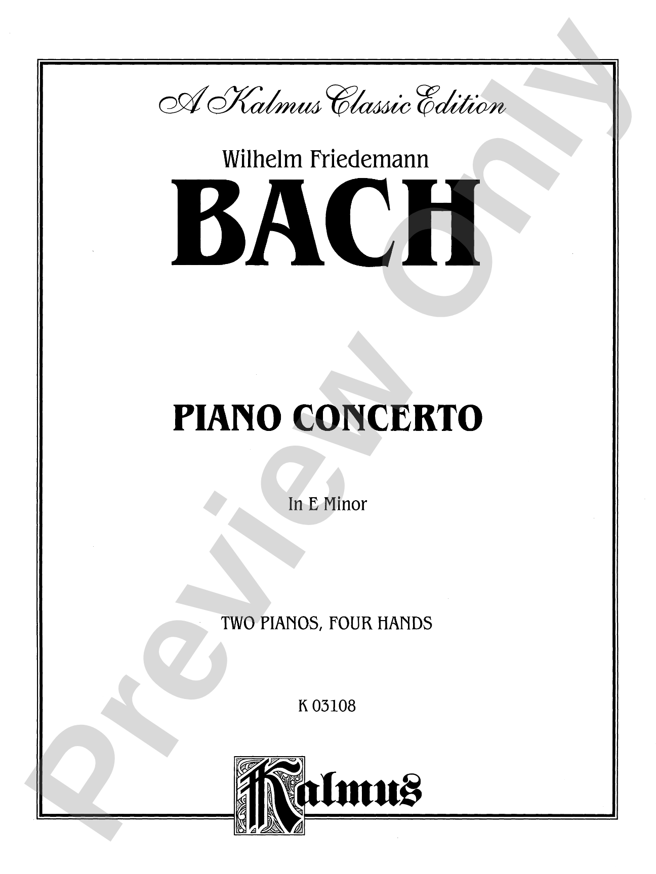 Bach: Piano Concerto in E Minor: Piano Duo (2 Pianos, 4 Hands) Book (2 copies required)