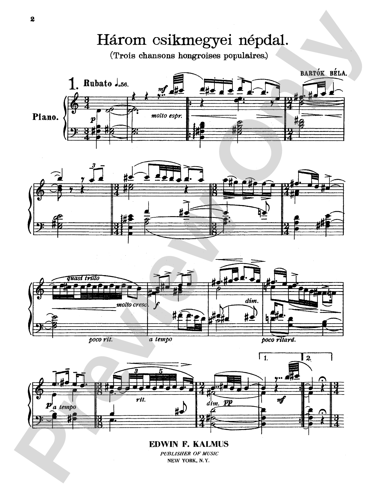 Bartók: Three Hungarian Folksongs: Piano