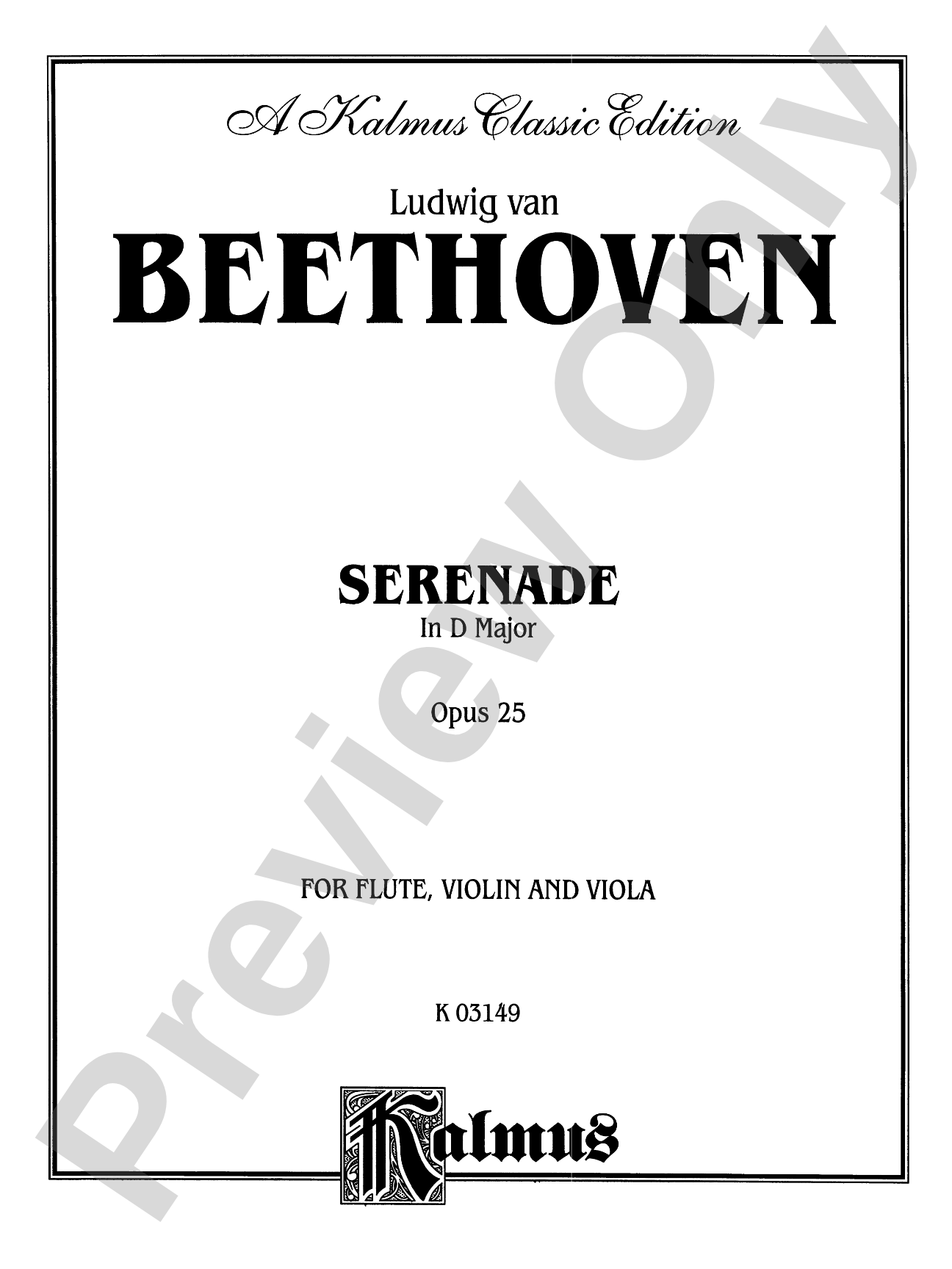 Beethoven: Serenade in D Major, Op. 25: Chamber Trio Book