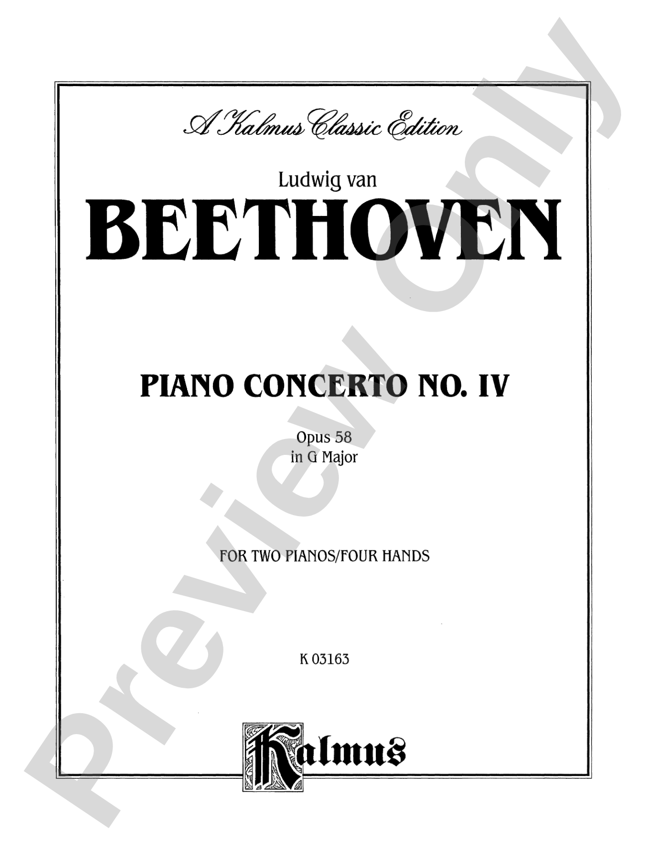 Beethoven: Piano Concerto No. 4 in G Major, Opus 58: Piano Duo (2 Pianos, 4 Hands) Book (2 copies required)