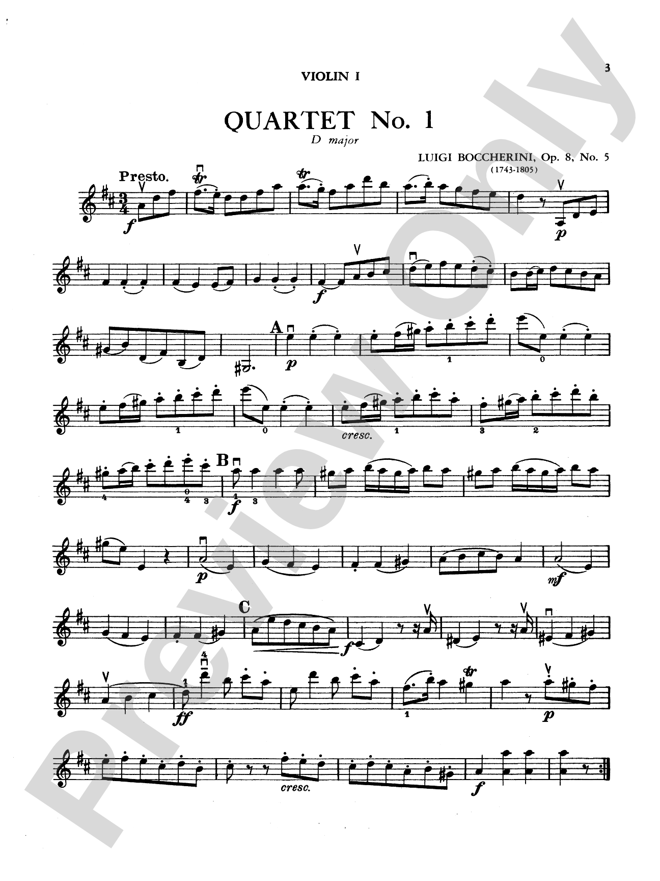 Boccherini: Nine Selected String Quartets: String Quartet Book