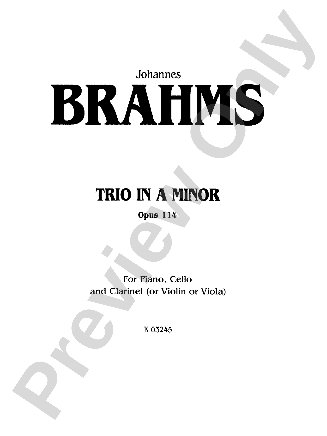 Brahms: Trio in A Minor, Op. 114: Chamber Trio Book