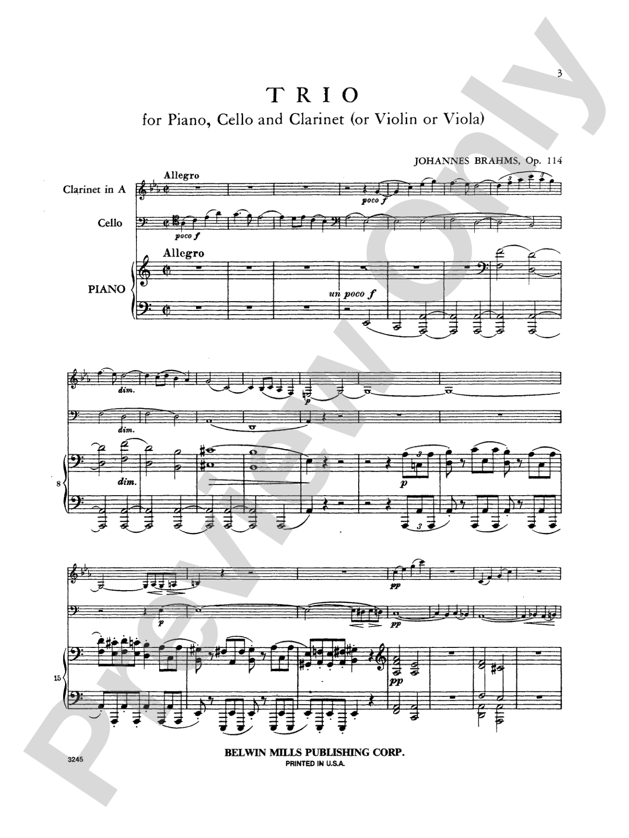 Brahms: Trio in A Minor, Op. 114: Chamber Trio Book