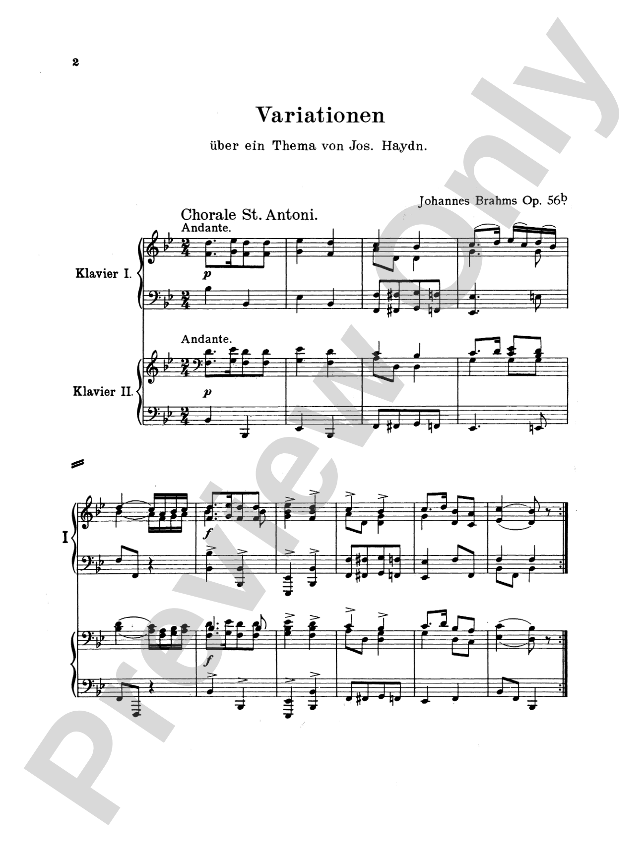 Brahms: Variations on a Theme of Haydn, Op. 56B (Original): Piano Duo (2 Pianos, 4 Hands) Book (2 copies required)