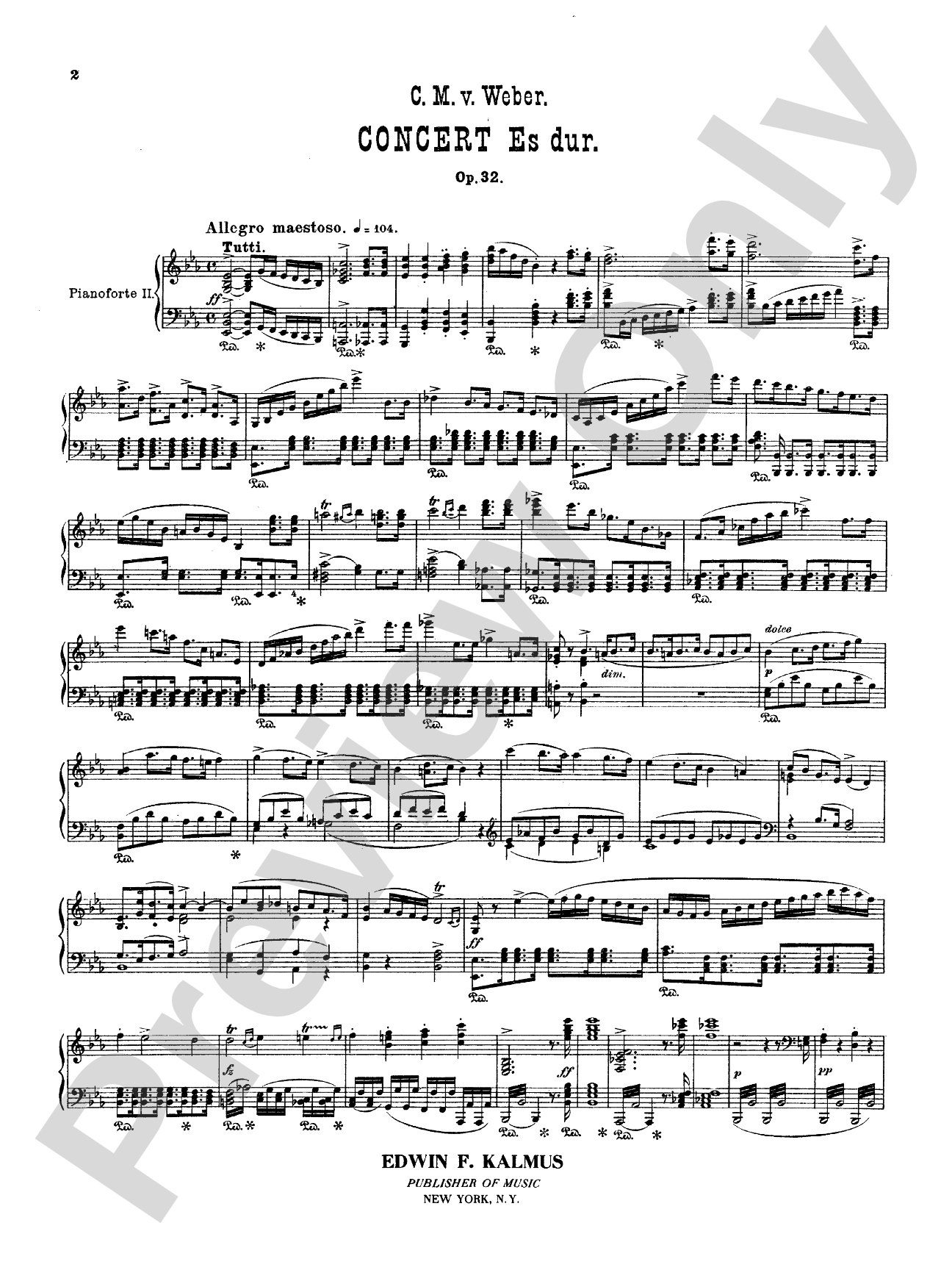 Weber: Piano Concerto No. 2: Piano Duo (2 Pianos, 4 Hands) Book (2 copies required)