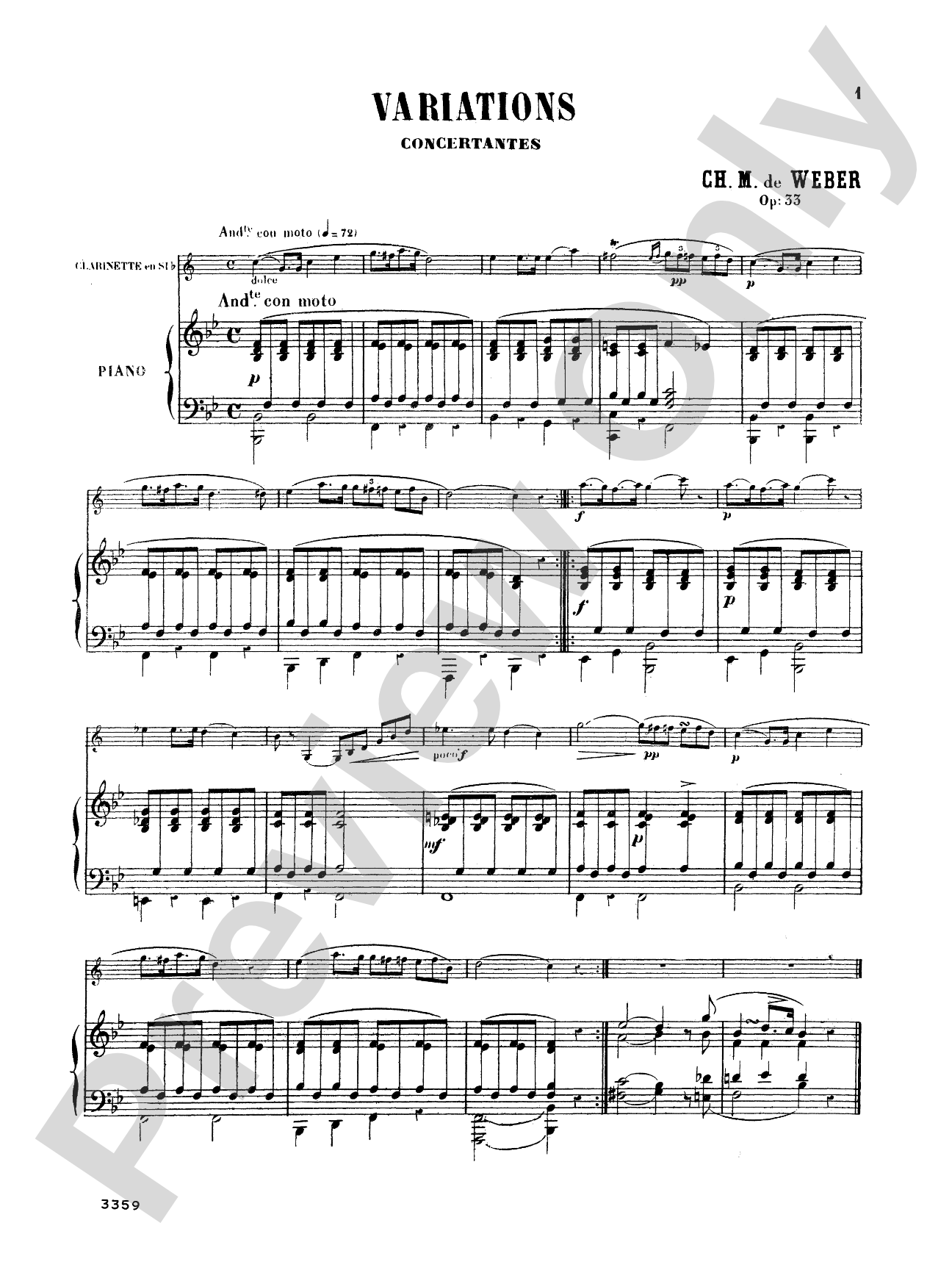 Weber: Variations, Op. 33: Clarinet Part(s)