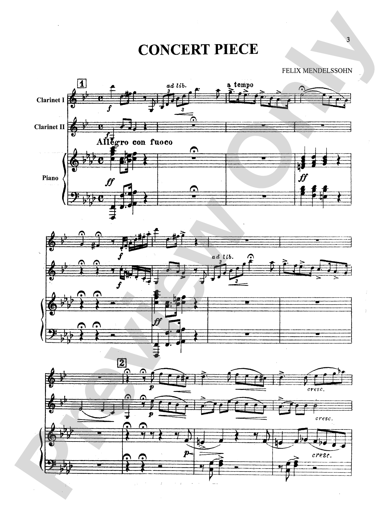 Mendelssohn: Concert Piece: 2 Clarinets & Piano Book