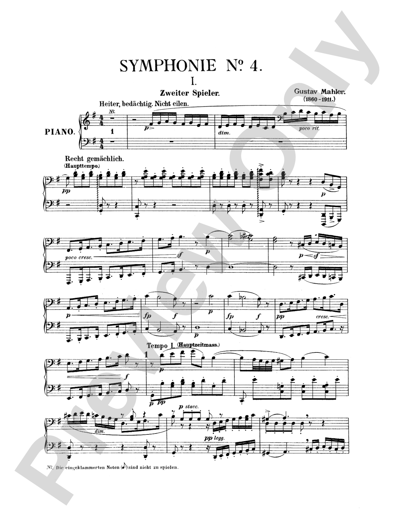 Mahler: Symphony No. 4, in G Major: Piano Duet (1 Piano, 4 Hands) Book