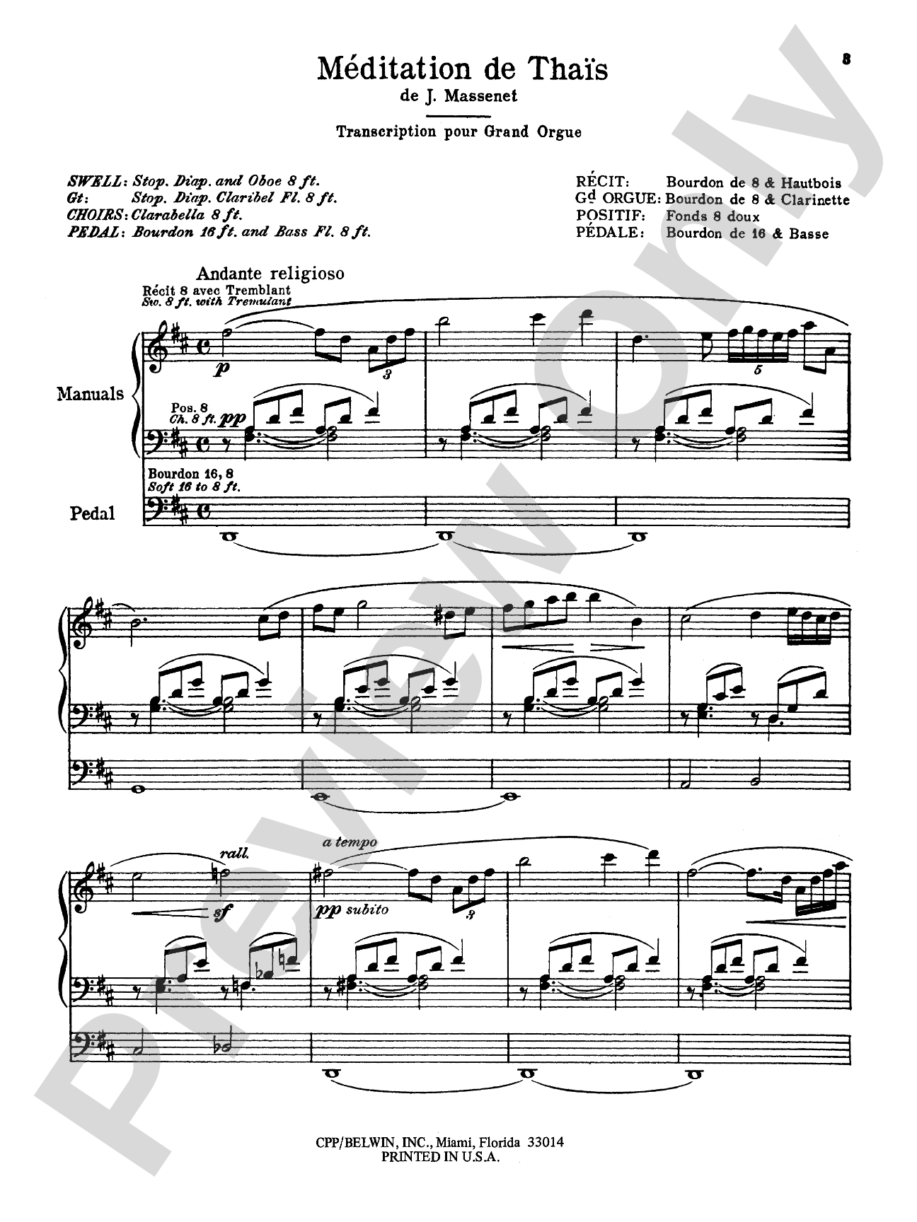 Massenet: Meditation from Thaïs: Organ Sheet