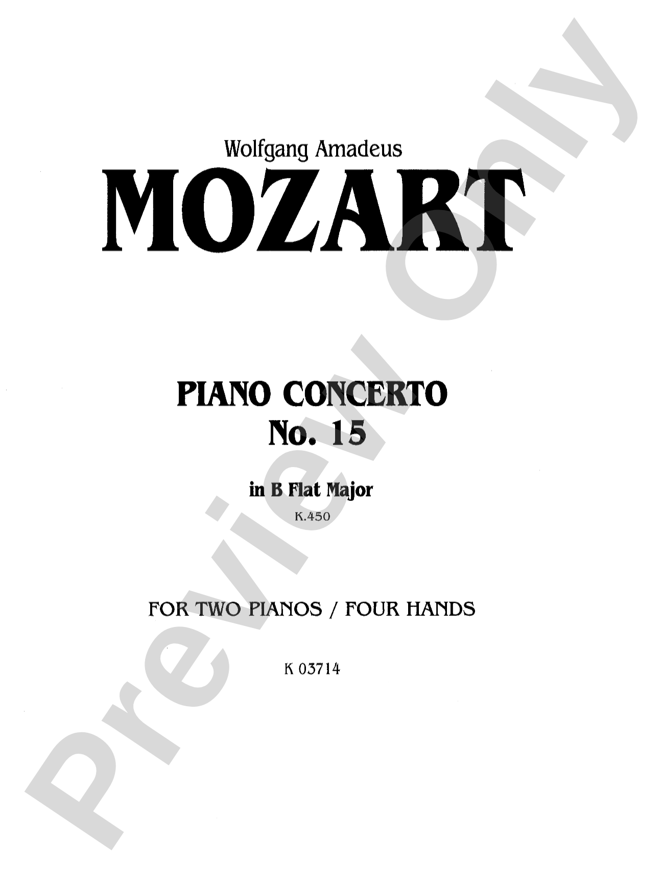 Mozart: Piano Concerto No. 15 in B flat Major, K. 450: Piano Duo (2 Pianos, 4 Hands) Book (2 copies required)