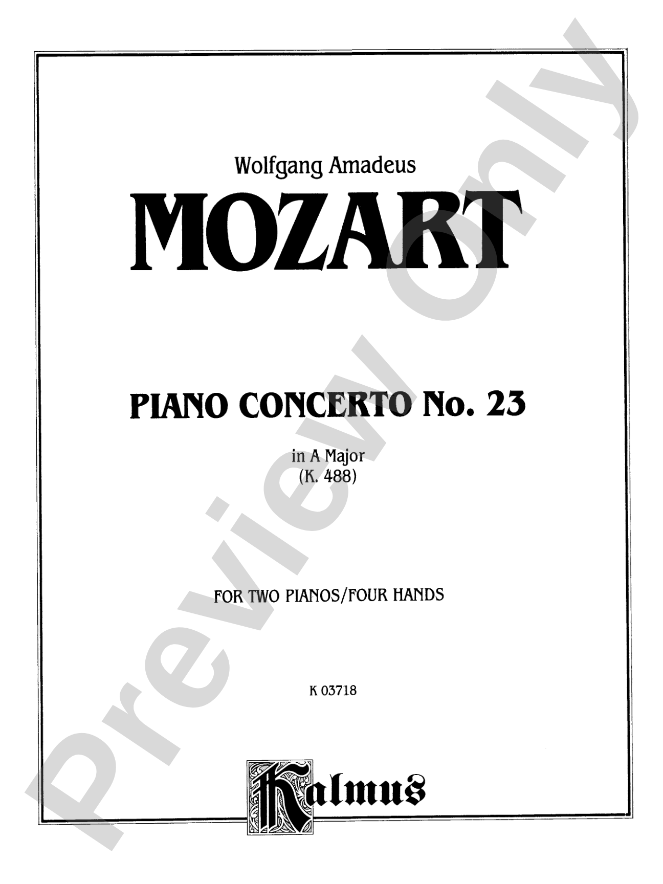 Mozart: Piano Concerto No. 23 in A Major, K. 488: Piano Duo (2 Pianos, 4 Hands) Book (2 copies required)