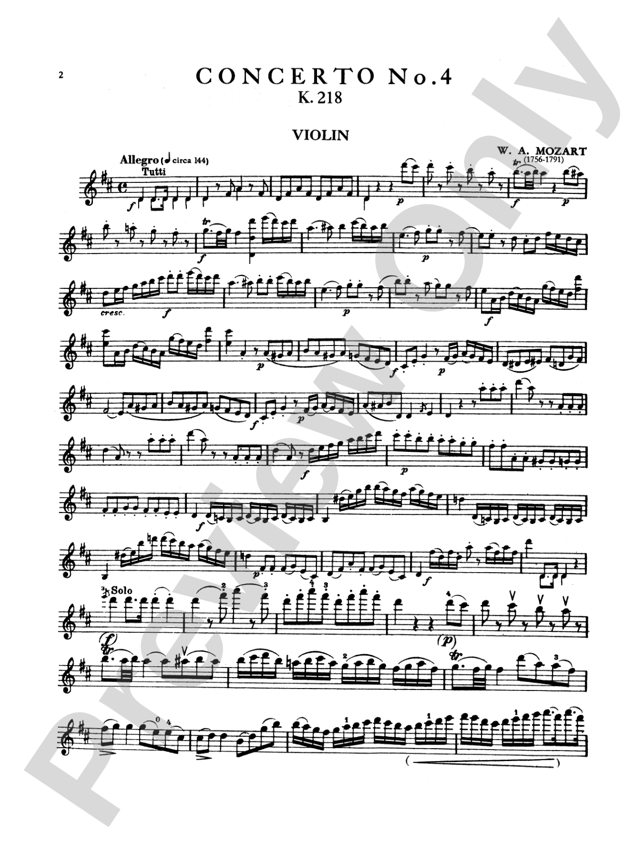 Mozart: Violin Concerto No. 4 in D Major, K. 218: Violin Book