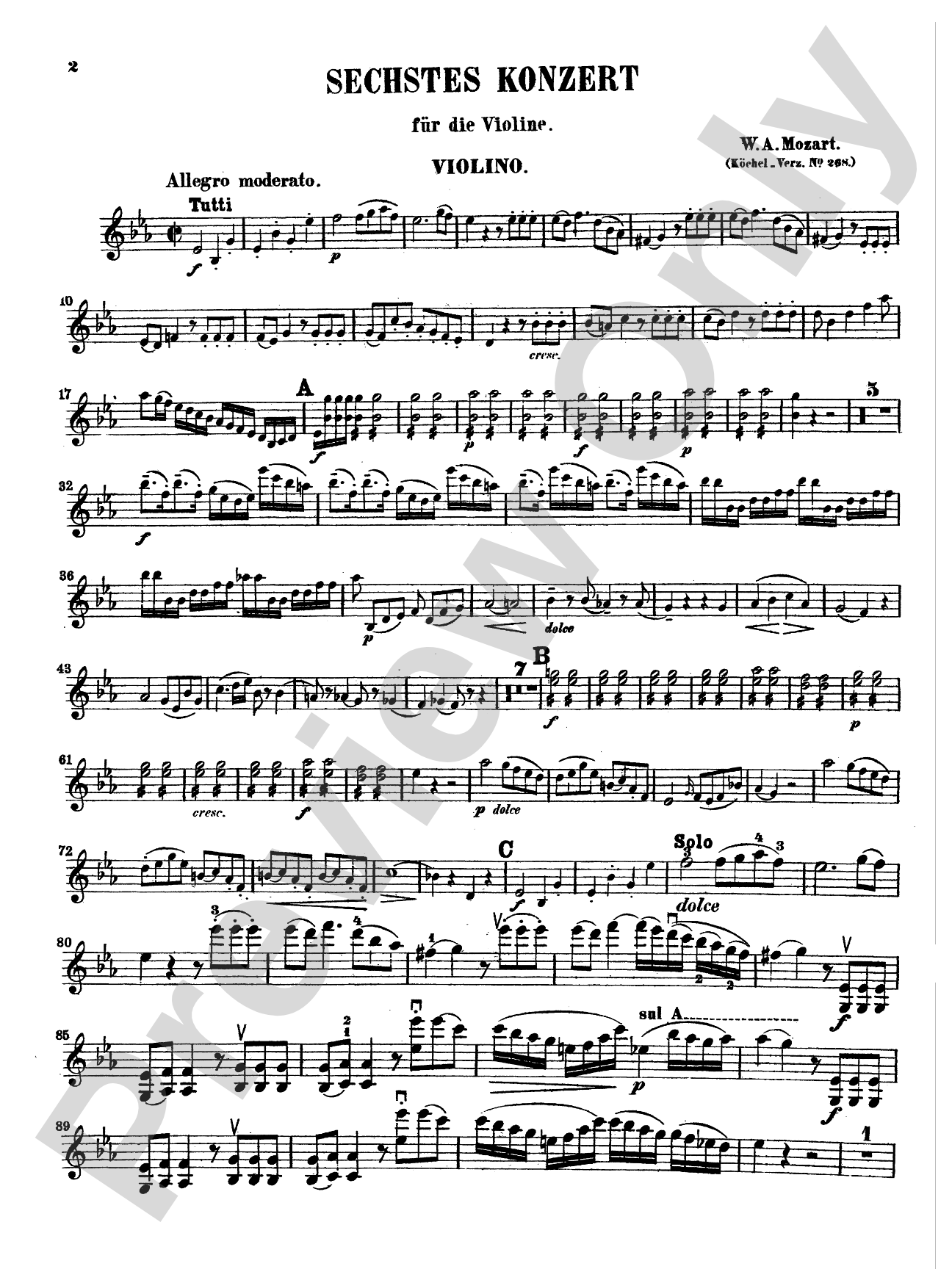 Mozart: Violin Concerto No. 6 in E flat Major, K. 268: Violin Book