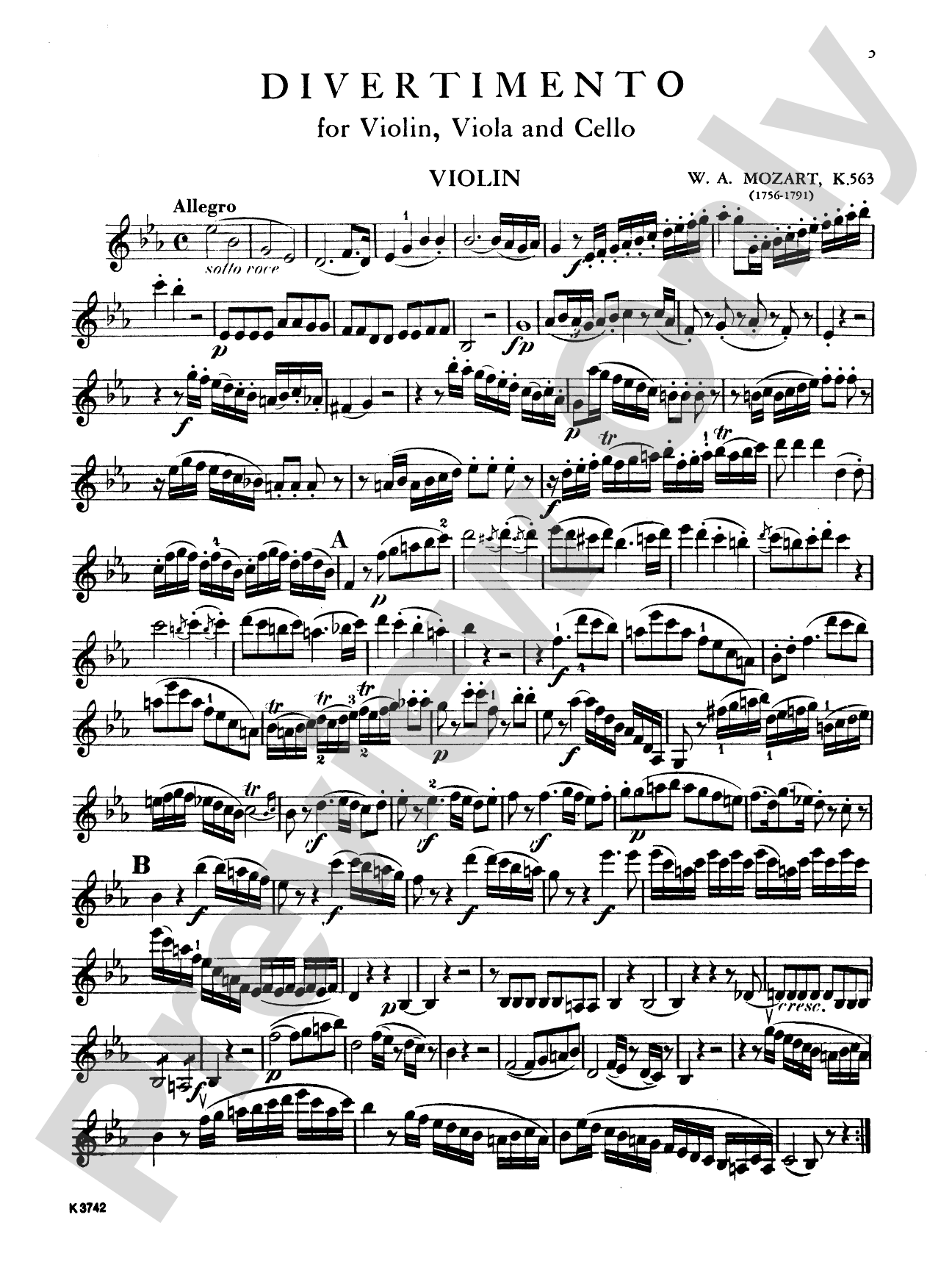 Mozart: Divertimento in E flat Major, K. 563: String Trio Book