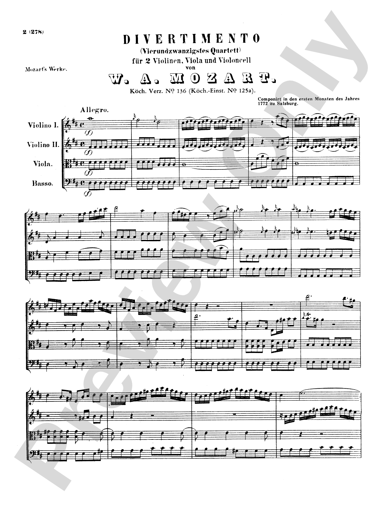 Mozart: Three Divertimenti: String Quartet Book