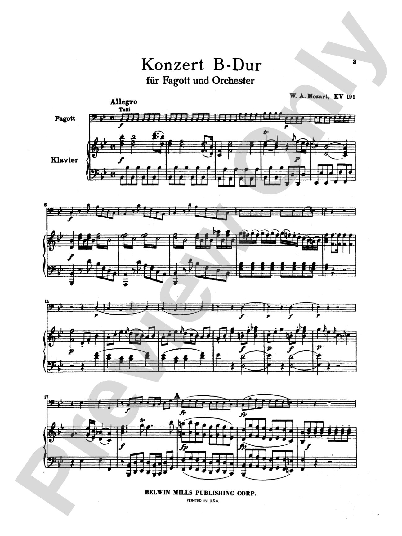 Mozart: Concerto in B flat Major, K. 191: Bassoon & Piano Part(s)