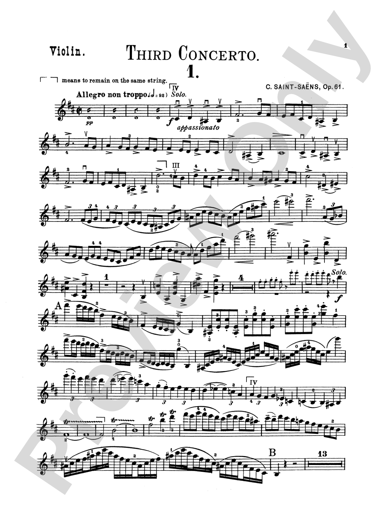 Saint-Saëns: Violin Concerto No. 3 in B Minor, Op. 61: Violin Book