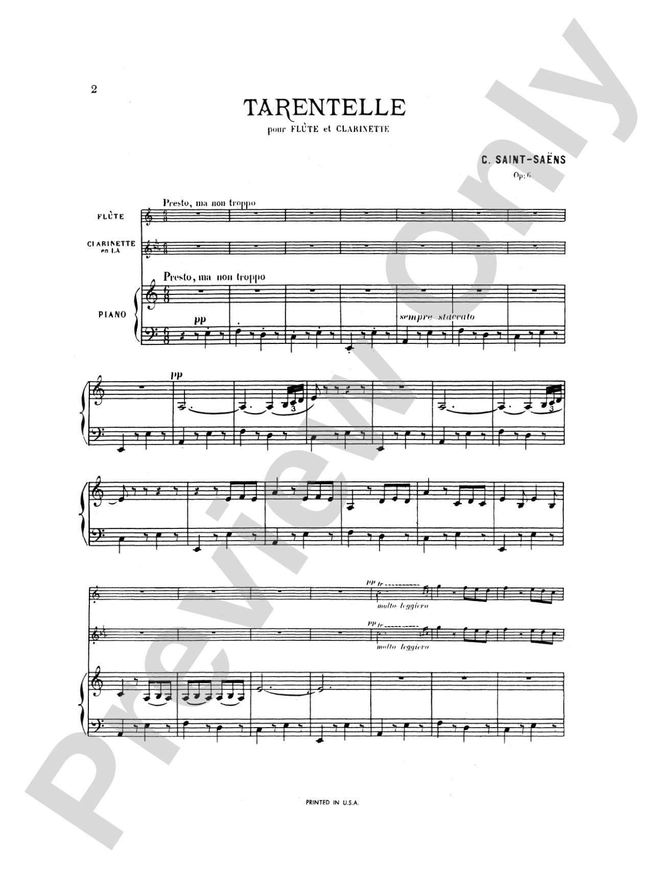 Saint-Saëns: Tarantelle, Op. 6: Chamber Duo Score & Parts